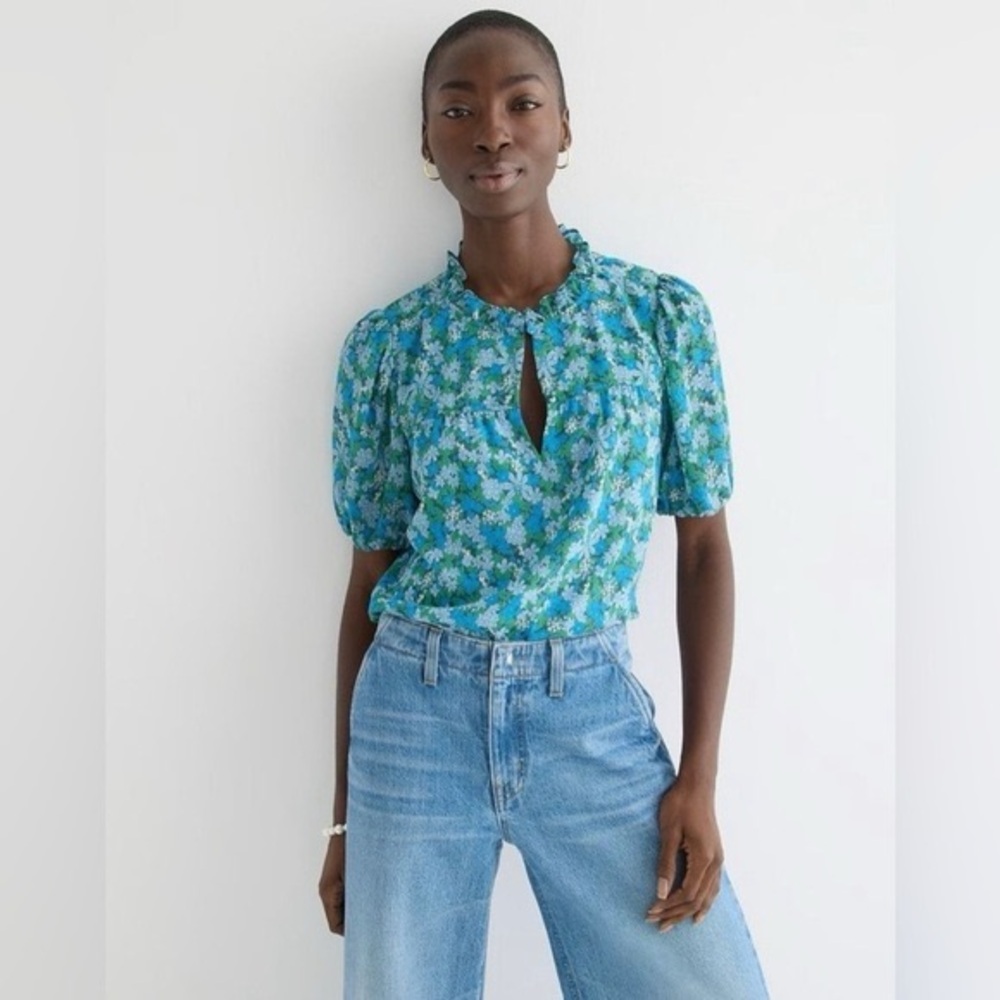 J. Crew Ruffle-trim short-sleeve top in hyacinth fields
